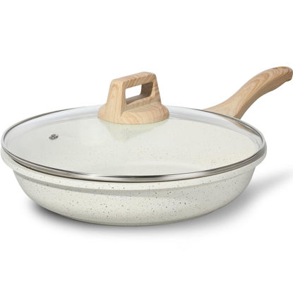 Picture of ESLITE LIFE Nonstick Ceramic Frying Pan Skillet with Lid, Non-Toxic Egg Omelette Kitchen Cooking Pans Compatible with All Stovetops (Gas, Electric & Induction), PTFE & PFOA Free (White, 8" w/Lid)