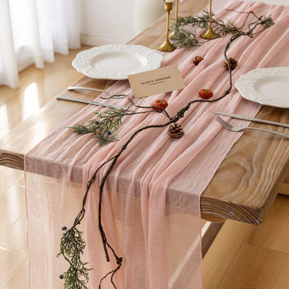 Picture of Keketo Blush Pink Valentine's Day Table Runner Cheese Cloth Rustic Gauze Cheesecloth Table Runner 120 Inch 10 FT for Wedding Baby Shower Bridal Shower Party Sheer Boho Spring Home Decorations