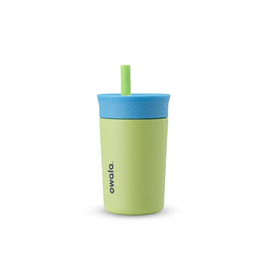 Picture of Owala Kids Insulation Stainless Steel Tumbler with Spill Resistant Flexible Straw, Easy to Clean, Kids Water Bottle, Great for Travel, Dishwasher Safe, 12 Oz, Blue and Light Green (Turtley Awesome)