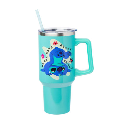 Picture of Silver Buffalo Disney Lilo and Stitch Aloha No Bad Days Chillin’ Stainless Steel Tumbler with Handle and Straw, Fits in Standard Cup Holder, 40 Ounces
