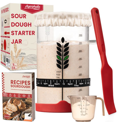 Picture of Sourdough Starter Kit - 38oz, with Cookbook, Measuring Cup, Spatula, Wide Mouth Jar Cover, Thermometer, Date Marked Feeding Band, Sourdough Starter Jar Glass for Baker, Sourdough Bread Baking Supplies