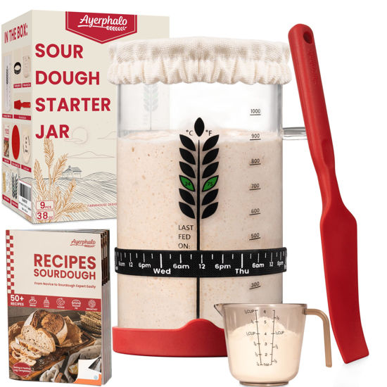 Picture of Sourdough Starter Kit - 38oz, with Cookbook, Measuring Cup, Spatula, Wide Mouth Jar Cover, Thermometer, Date Marked Feeding Band, Sourdough Starter Jar Glass for Baker, Sourdough Bread Baking Supplies