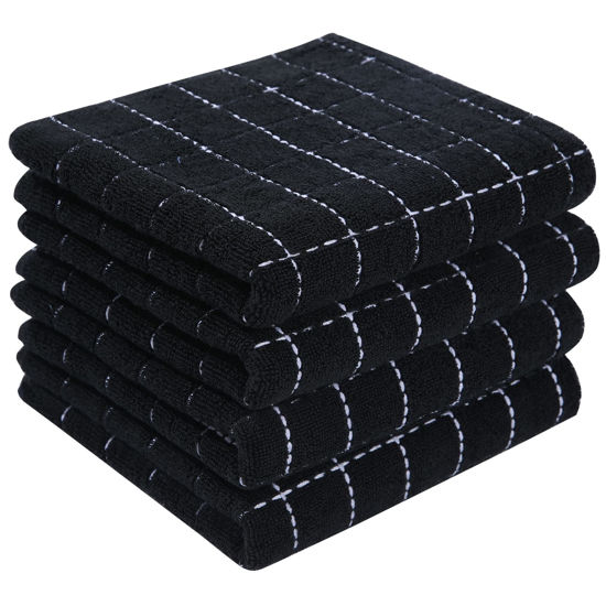Picture of Homaxy 100% Cotton Terry Kitchen Towels(Black, 13 x 28 inches), Checkered Designed, Soft and Super Absorbent Dish Towels, 4 Pack