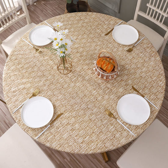 Picture of Round Vinyl Fitted Tablecloth with Flannel Backing Elastic Edge Design Table Cover Waterproof Oil-Proof PVC Table Cloth Stain-Resistant Wipeable for Round Table