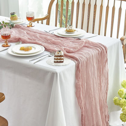 Picture of IVAPUPU 2 Pcs Cheesecloth Table Runner - 10ft Dusty Pink Boho Gauze Cheese Cloth Table Runners for Baby Shower Decoration Wedding Party Summer Garden Farmhouse