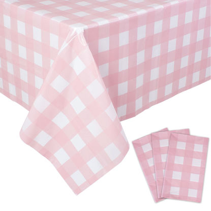 Picture of Kesfey 3 Packs Pink Gingham Tablecloth Pink and White Checkered Tablecloths 54 x 108 Inches Disposable Plastic Gingham Tablecovers Waterproof Rectangle Picnic Table Covers for Birthday Party Supplies