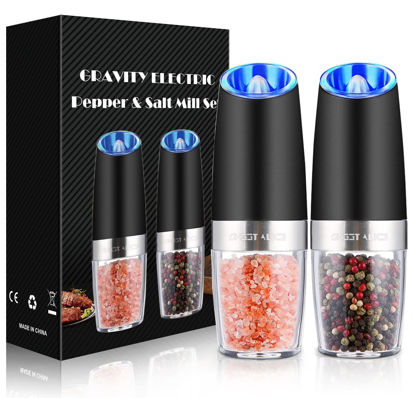 Picture of Sweet Alice Gravity Electric Pepper and Salt Grinder Set, Adjustable Coarseness, Battery Powered with LED Light, One Hand Automatic Operation, Stainless Steel Black, 2 Pack