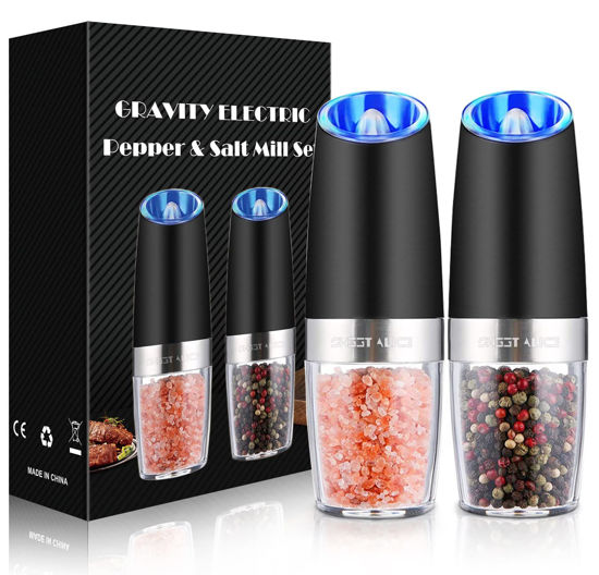 Picture of Sweet Alice Gravity Electric Pepper and Salt Grinder Set, Adjustable Coarseness, Battery Powered with LED Light, One Hand Automatic Operation, Stainless Steel Black, 2 Pack