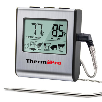 Picture of ThermoPro TP16 Large LCD Digital Cooking Food Meat Thermometer for Smoker Oven Kitchen BBQ Grill Thermometer Clock Timer with Stainless Steel Temperature Probe