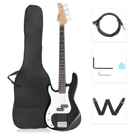 Picture of GLARRY Left Hand 4 String Electric Bass Guitar for Beginner Full Size Kit with Cable, Strap, Bag and Accessories (Black)