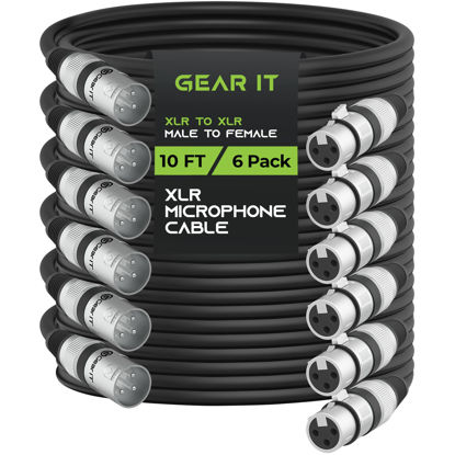 Picture of GearIT XLR to XLR Microphone Cable (10 Feet, 6-Pack) XLR Male to Female Mic Cable 3-Pin Balanced Shielded XLR Cable for Mic Mixer, Recording Studio, Podcast - Black, 10ft, 6 Pack
