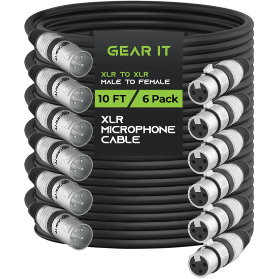 Picture of GearIT XLR to XLR Microphone Cable (10 Feet, 6-Pack) XLR Male to Female Mic Cable 3-Pin Balanced Shielded XLR Cable for Mic Mixer, Recording Studio, Podcast - Black, 10ft, 6 Pack