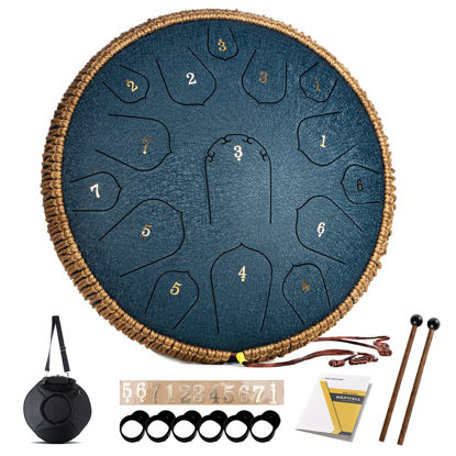 Picture of HOPWELL Steel Tongue Drum - 14 Inch 15 Note Tongue Drum - Hand Pan Drum with Music Book, Handpan Drum Mallets and Carry Bag, D Major (Navy Blue)