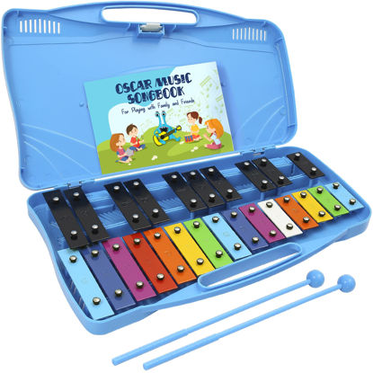 Picture of MINIARTIS Glockenspiel Xylophone | 25 Note Colorful Metal Keys Xylophone for Kids | Percussion Musical Instrument | Educational Music Toy Includes Music Songbook, Mallets and Blue Carry Case