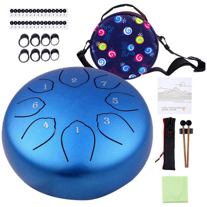 Picture of Steel Tongue Drum Kids Instrument: Musical Metal Tank Drums Set 6 Inch 8 Notes C-Key for Meditation Yoga Education Percussion with Bag, Music Book, Mallets, Finger Picks(Blue)