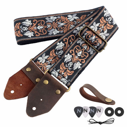 Picture of Nefelibata Guitar Strap,Jacquard Embroidery Cotton Guitar Straps with Crazy Horse Leather Ends for Bass, Electric & Acoustic, Best Gifts for Kids, Guitarists(Retro Brown Flower)
