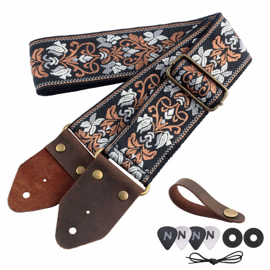 Picture of Nefelibata Guitar Strap,Jacquard Embroidery Cotton Guitar Straps with Crazy Horse Leather Ends for Bass, Electric & Acoustic, Best Gifts for Kids, Guitarists(Retro Brown Flower)