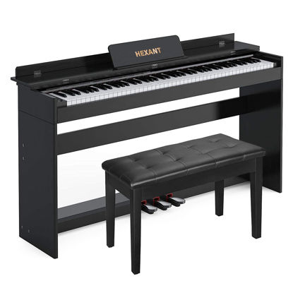 Picture of HEXANT 88-Key Weighted Digital Piano, Full-Size Semi-Weighted Upright Flip Electric Keyboard Piano with 3 Pedal and Multi-Functional Keyboard for Beginner(with Bench,Black)