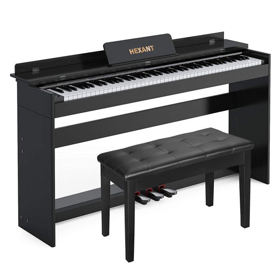 Picture of HEXANT 88-Key Weighted Digital Piano, Full-Size Semi-Weighted Upright Flip Electric Keyboard Piano with 3 Pedal and Multi-Functional Keyboard for Beginner(with Bench,Black)