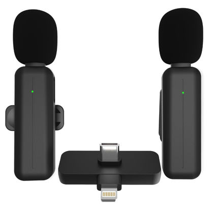 Picture of 2 Pack Wireless Mini Lavalier Lapel Microphone for iPhone,Android Phone(2 in 1) - 80ft Cordless Clip on Dual Mics with Noise Reduction 5H Working Time for Video Recording Vlogging, YouTube, Interview