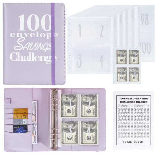 Picture of NICOOTH 100 Envelopes Money Saving Binder - A5 Savings Challenge Book (Purple)