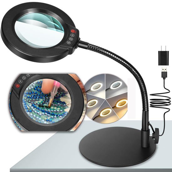 Picture of Krstlv 10X Magnifying Glass with Light and Stand, 5 Color Modes Stepless Dimmable LED Lighted Desk Lamp, Hands Free Flexible Gooseneck Magnifier with Light for Craft Hobby Painting Sewing Close Work