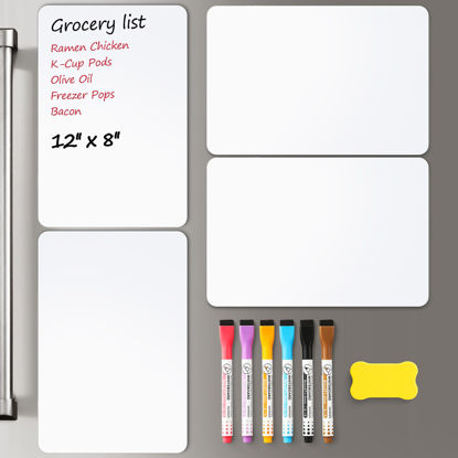 Picture of 4 PACK Magnetic Dry Erase Board Sheet for Fridge, 12"x8" Erasable Refrigerator WhiteBoard w/ 6 Markers & 1 Eraser- Smooth and Flexible Small Magnet Blank Notepad for Home Kitchen Organizer and Planner