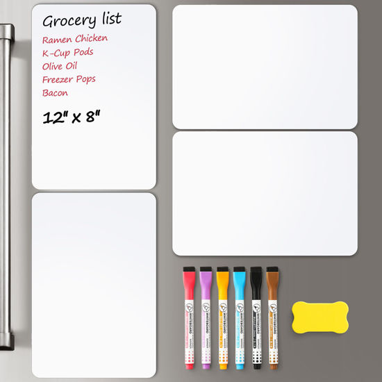Picture of 4 PACK Magnetic Dry Erase Board Sheet for Fridge, 12"x8" Erasable Refrigerator WhiteBoard w/ 6 Markers & 1 Eraser- Smooth and Flexible Small Magnet Blank Notepad for Home Kitchen Organizer and Planner