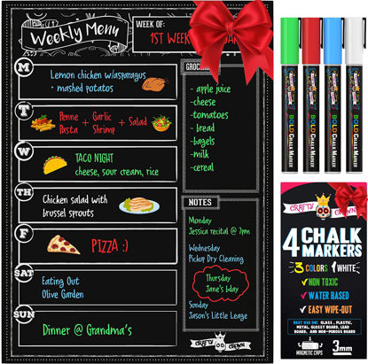 Picture of Magnetic Dry Erase Menu Board for Fridge Includes 4 Liquid Chalk Markers - Weekly Meal Planner Blackboard, Grocery List and Notepad for Kitchen Refrigerator - Chalkboard Magnet
