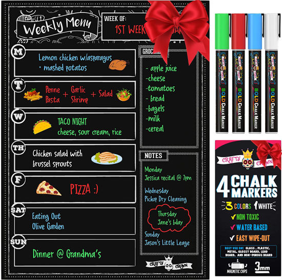 Picture of Magnetic Dry Erase Menu Board for Fridge Includes 4 Liquid Chalk Markers - Weekly Meal Planner Blackboard, Grocery List and Notepad for Kitchen Refrigerator - Chalkboard Magnet