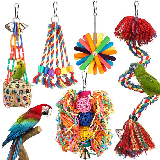 Picture of Bird Toys Bird Rope Perch with Bell Colorful Bird Chewing Shredding Foraging Toys Parakeet Toy Parrot Swing Climbing Standing Hanging Toys Bird Cage Accessories for Conure Cockatiel Budgies Lovebird