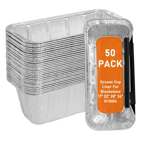 Picture of Whaleme 50-Pack Blackstone Griddle Accessories 5017 Grease Cup Liners, Aluminum Foil Drip Pan Grease Catcher Cup Liner for Blackstone 17, 22, 28, 36 Inch Griddle, Disposable Grill Grease Tray