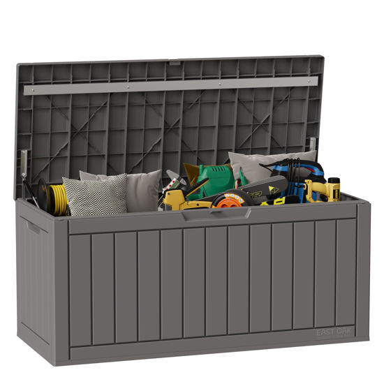Picture of EAST OAK Outdoor Storage Box, 90 Gallon Deck Box, Waterproof Resin Storage Bin for Patio Cushions, Gardening Tools, Lockable, UV Resistant, Grey
