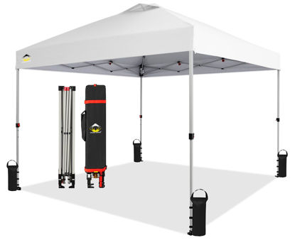 Picture of CROWN SHADES 10x10 Pop Up Canopy - Beach Tent with One Push Setup - Easy Outdoor Sun Shade for Events, Parties, Camping - Gazebo with STO-N-Go Cover Bag, Silver Coated Top, White