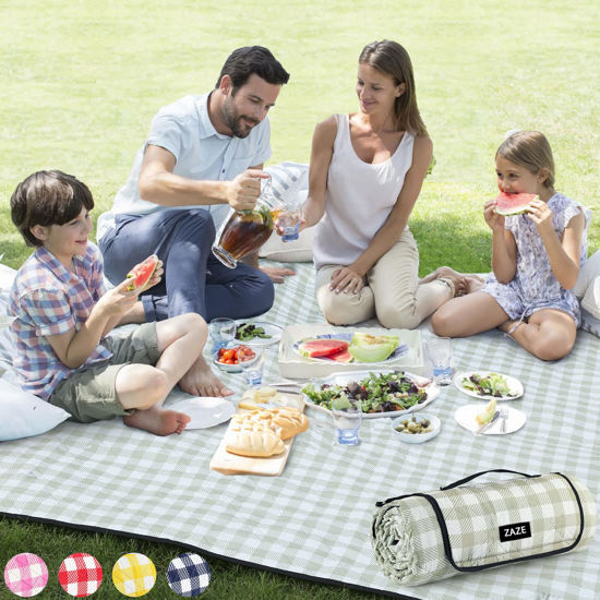 Picture of ZAZE Extra Large Picnic Outdoor Blanket, 80''x80'' Waterproof Foldable Blankets Gingham Picnic Mat for Beach, Camping Grass Lawn Park Accessories Cute Couple Gifts Ideas Wedding Registry(Green White)