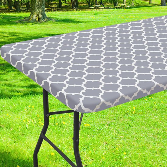 Picture of Smiry Rectangle Picnic Table Cover, Waterproof Elastic Fitted Camping Tablecloths for 6 Foot Tables, Wipeable Flannel Backed Vinyl Tablecloth Protector for Indoor, Outdoor (Grey, 30x72 Inches)
