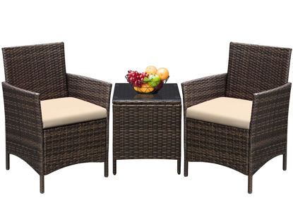 Picture of Greesum 3 Pieces Patio Furniture Sets Outdoor PE Rattan Wicker Chairs with Soft Cushion and Glass Coffee Table for Garden Backyard Porch Poolside, Brown and Beige