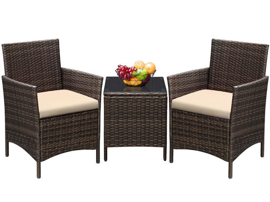 Picture of Greesum 3 Pieces Patio Furniture Sets Outdoor PE Rattan Wicker Chairs with Soft Cushion and Glass Coffee Table for Garden Backyard Porch Poolside, Brown and Beige