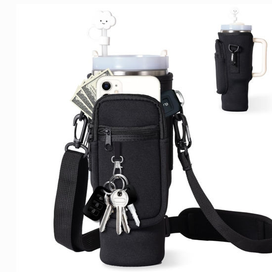 Picture of dabria Water Bottle Carrier Bag with Phone Pocket for Stanley 40/30 oz Tumbler Neoprene Water Bottle Holder Pouch with Adjustable Strap Bollus with Straw Cover & Carabiner for Stanley Cup Accessories