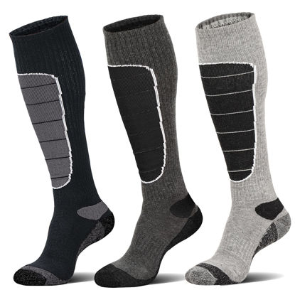 Picture of Merino Wool Ski Socks, Cold Weather Socks for Snowboarding, Snow, Winter, Thermal Knee-high Warm Socks, Hunting, Outdoor Sports (3 Pairs (Black Grey Grey), Large)