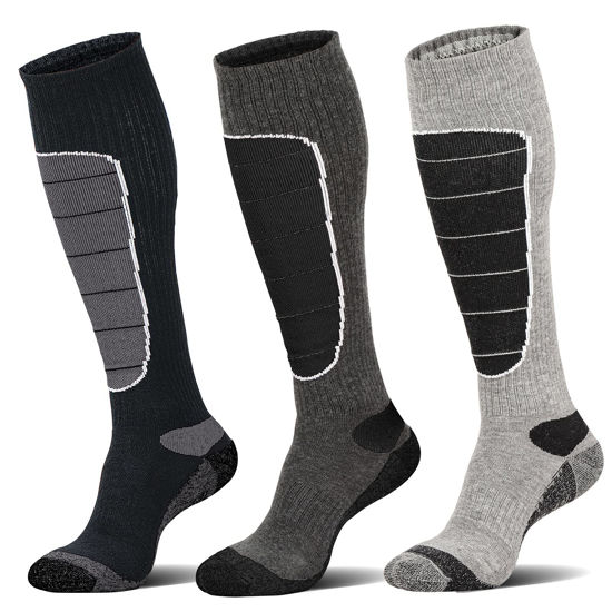 Picture of Merino Wool Ski Socks, Cold Weather Socks for Snowboarding, Snow, Winter, Thermal Knee-high Warm Socks, Hunting, Outdoor Sports (3 Pairs (Black Grey Grey), Large)