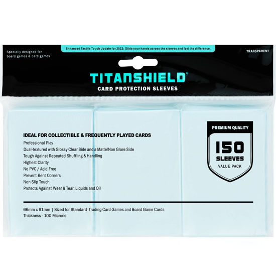 Picture of TitanShield Premium Clear Card Sleeves Compatible with Standard Sized Board Games, MTG Magic The Gathering, Pokemon, Lorcana and Trading Cards 2.5" x 3.5" 66x91mm (150 Sleeves)