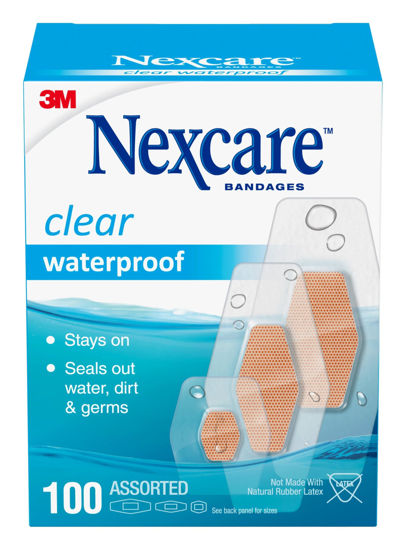 Picture of Nexcare Waterproof Bandages, Stays on in the Pool, Holds for 12 Hours, Clear Bandages for Fingers and Elbows - 100 Pack Waterproof Bandages