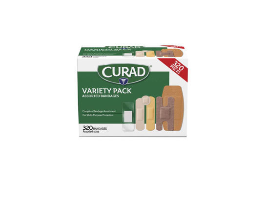 Picture of Curad Bulk Variety Pack Assorted Bandages, Flex-Fabric, Waterproof, Plastic, Knuckle, Heavy Duty Bandages (320 Count)