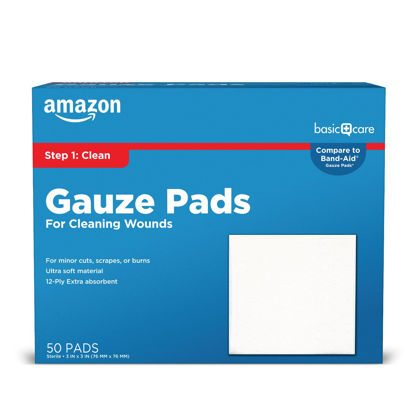 Picture of Amazon Basic Care Gauze Pads, 3x3 inches Sterile Medical Wound Dressing Sponges for Cleaning, Covering, & Cushioning Cuts & Minor Injuries, 50 Count (Pack of 1), (Previously All Health)