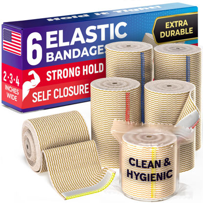 Picture of High-Performance Elastic Bandage Wrap - 6 Pack (2x2in, 2x3in, 2x4in) - Self-Closing Strong Compression Bandage Wrap for Feet, Ankles, Wrists, and Knees