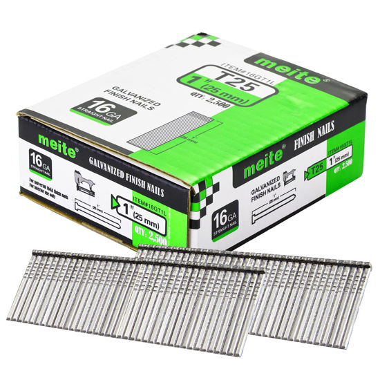 Picture of meite 16 Gauge Finish Nails, 1-Inch 16GA Straight Finish Nails Galvanized Finishing Nails for Electric or Pneumatic Nailer Guns (2,500 Counts)