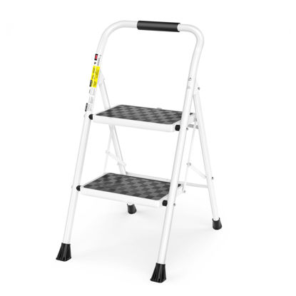 Picture of HBTower 2 Step Ladder, 2 Step Stool for Adults,2 Step Ladder Folding Step Stool with Cushioned Handle Step Ladder with Wide Pedal Ergonomic Design,White