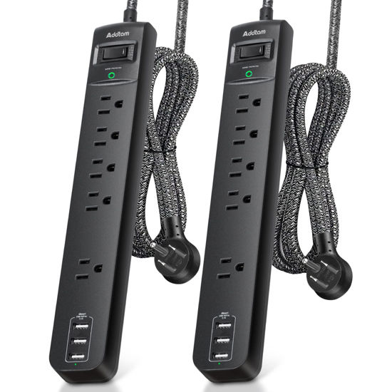 Picture of 2 Pack Power Strip Surge Protector - 5 Widely Spaced Outlets 3 USB Charging Ports, 1875W/15A with 6Ft Braided Extension Cord, Flat Plug, Overload Surge Protection, Wall Mount for Home Office