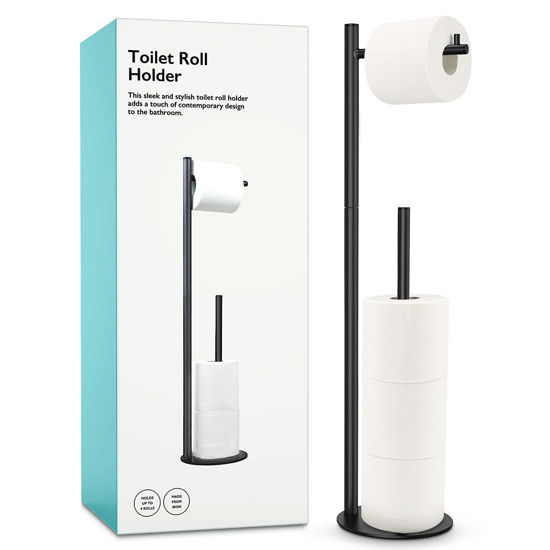 Picture of Toilet Paper Holder Stand, Bathroom Toilet Paper Roll Holder Stand with Reserve, Standing Toilet Paper Holder with Storage